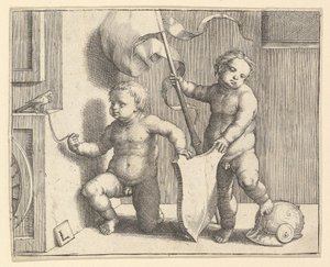 Två nakna barn som stödjer en tom sköld, ca. 1510.