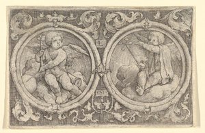 Två Putti sittande i moln i cirklar med rankor, 1517. av Lucas van Leyden