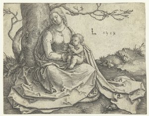 Jungfru och barn sitter under ett träd av Lucas van Leyden