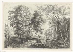 Landskap med en bäck genom en skog Sex landskap (serietitel) av Lucas van Uden