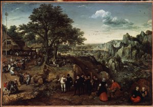 Landskap med lantfest (Landskap med lantfest). Målning av Lucas van Valckenborch (1530-1597). Olja på duk, 48,5 x 73,4 cm, sent 1580 tidigt 1590. Holländsk konst, barockkonst. Eremitagemuseet, Sankt Petersburg. av Lucas van Valckenborch