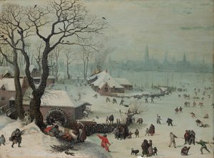 Vinterlandskap med snöfall nära Antwerpen av Lucas van Valckenborch