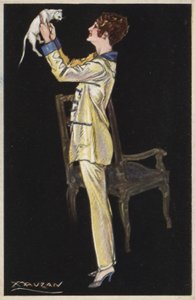 Flicka i pyjamas håller vit katt (färg litho) av Luciano Achille Mauzan