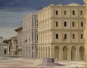 Vy över en ideal stad, eller Guds stad, efter 1470 detalj av 80057 olja på panel