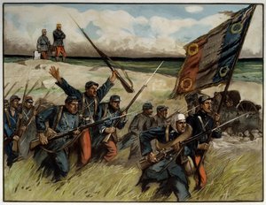 Första världskriget (1914-1918): ”” Charge à la baionette en septembre 1914”” Målning av Lucien Hector (Lucien-Hector) Jonas (1880 -1947) 1914 Paris. Museum för de två världskrigen