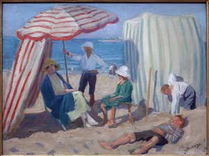 På stranden. Målning av Lucien Jonas (1880-1947), olja på trä 1920, fransk konst, 1900-talet. Musee la piscine, Roubaix.