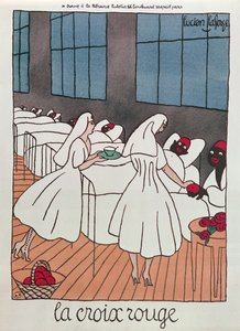 Röda korssjuksköterskor som tar hand om sårade soldater under första världskriget, ca 1915 (färg litho)