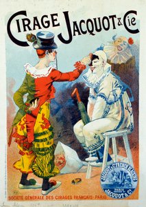 Reklam för Jacquot polish. Två clowner som gör upp med lack. Teckning av Lucien Lefevre (1850-?). 1894 Paris. Arts Decoratifs - Annons för vax Jacquot: Två clowner som sminkar sig med skokräm, av Lucien Lefevre