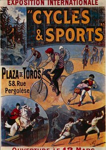 Exposition Internationale Cycles et Sports, reklam för internationell utställning tillägnad sport, illustration av Lucien Lefevre, affisch