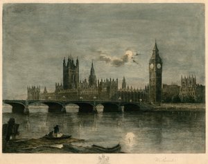Westminster på natten färgad gravyr