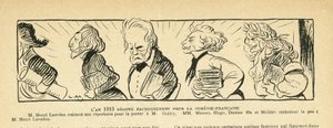 Illustration i Le Rire, 04/01/13 - året 1913... - Teater, Comedie francaise - Hugo Victor, Dumas Alexandre (son), Lavedan Henri (1859-1940), Guitry Sacha, Musset Alfred, Moliere (gravyr) av Lucien Metivet