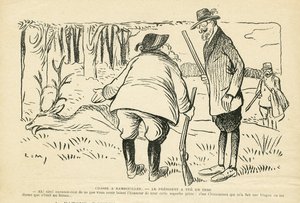 Illustration i Le Rire, 05/12/08 - Jakt i Rambouillet - Naturvegetation, Jaktjägare, republikens president, Rambouillet - Clemenceau Georges, Fallieres Armand (1841-1931), Rådjur av Lucien Metivet