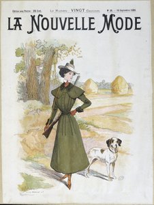 Kvinna i jaktdräkt med ett gevär - i "" La Nouvelle Mode"" från september 1898 av Lucien Metivet