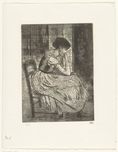 Ung kvinna sitter vid en eld av Lucien Pissarro