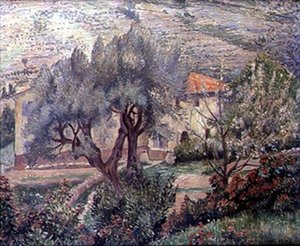 Orovida Landscape, the Cherry Tree (olja på duk) av Lucien Pissarro
