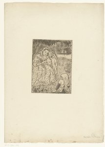 Kvinna med två flickor på en äng av Lucien Pissarro