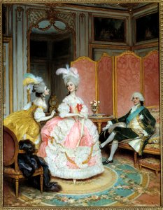 Prostitution: "" Den vackra kurtisanen"" En ung kvinna presenterade för en gentleman i en privat salong på 1700-talet genom en matchmaker. Målning av Lucius Rossi (1846-1913)