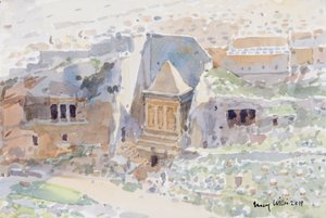 Forntida gravar i Kidrondalen, Jerusalem, 2019 (w/c på papper) av Lucy Willis