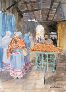 Bagel Seller i Gamla stan, Jerusalem, 2019 (w/c på papper) av Lucy Willis