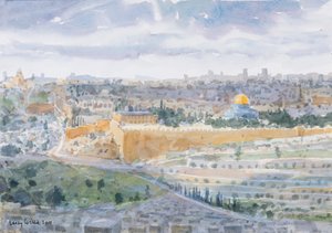 Jerusalem från Oljeberget, 2019 (w/c på papper) av Lucy Willis
