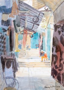 Market Steps, Old Jerusalem, 2019 (w/c på papper) av Lucy Willis