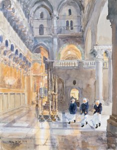 Nybörjare i Heliga gravens kyrka, Jerusalem, 2019 (w/c på papper) av Lucy Willis