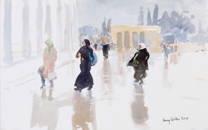 Pilgrimer på Tempelberget, Jerusalem, 2019 (w/c på papper) av Lucy Willis