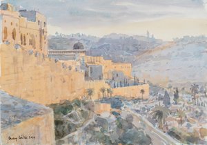 Soluppgång på stadsmuren, Jerusalem, 2019 (w/c på papper)