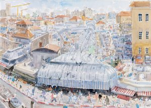 Utsikt från balkongen, Mahane Yehuda, Jerusalem, 2019 (w/c på papper) av Lucy Willis