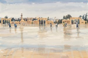Vind och regn på Tempelberget, Jerusalem, 2019 (w/c på papper) av Lucy Willis