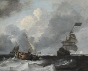 En storm utanför kusten med Men o War och fiskebåtar av Ludolf Backhuysen