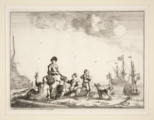 Hamn med sjömän och en fiskhandlare av Ludolf Backhuysen