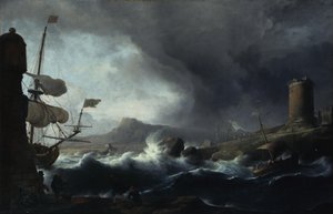 Stormigt hav vid en bergig kust av Ludolf Backhuysen