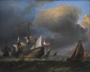 Havslandskap med holländska krigsmän och fiskebåtar