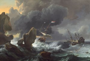 Fartyg i nöd utanför en stenig kust