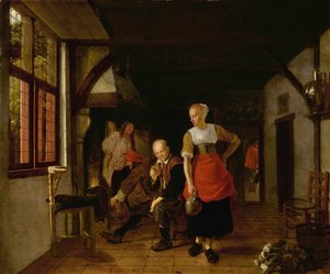 En jungfru med en kanna och tre män vid elden av Ludolf de Jongh