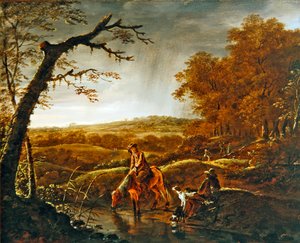 Jägare i vila med häst och hundar vid en bäck, ca 1650 (olja på panel)