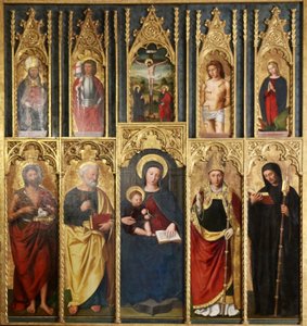 Altartavla, 10 målningar: Jungfru Maria med barnet mellan Johannes Döparen och Petrus, En biskop och en abbot, Kristus på korset mellan Johannes och Jungfrun, Sankt Martin och Sankt Viktor, Sankt Sebastian och Sankt Margareta. av Ludovico Brea
