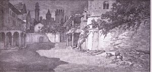 En öppen plats i anslutning till Capulets trädgård, illustration från Romeo och Julia,