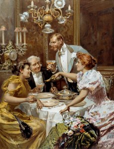 Vacker tid: "" den fina kvällsmaten""" Två par i en privat lounge dricker champagne. Illustration av Ludovico Marchetti (1853-1909) 1893 Privat samling