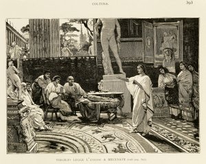 Maecenas lyssnar på Virgil som läser Aeneid, illustration av Lodovico Pogliaghi (1857-1950) för Roms tidiga historia, av Francesco Bertolini (1836-1909), Fratelli Treves upplaga, Milano
