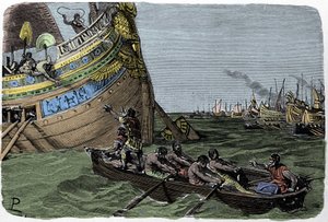 Marc Antoine (83-30 f.Kr.) sällar sig till Cleopatre (51-30 f.Kr.) på flykt efter nederlaget i slaget vid Actium den 2/09/31 f.Kr., illustration av Ludovico Pogliaghi från "Storia d