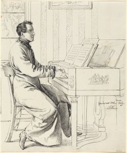 Konstnärens svåger, Ludwig Hassenpflug, förbereder sig för att spela piano av Ludwig Emil Grimm