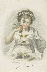 Smak Geschmack (titel på objekt) Fem sinnen representerade av kvinnliga figurer (serietitel) Die Funf Sinne (serietitel) av Ludwig Gottlieb Portman
