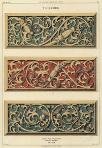 Snidade träslöjd på bänkar i St Mary-kyrkan, Lubeck, Tyskland (färg litho) av Ludwig Gruner