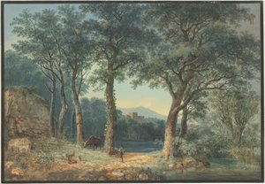 En trädbevuxen sjö med en italiensk villa av Ludwig Hess