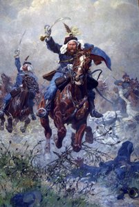Överste Maximilian Ritter von Rodakowski och 13:e Uhlans i slaget vid Custoza 1866, 1908 (olja på linne)