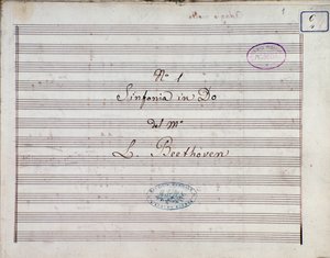 Första sidan av noterna till Symfoni nr 1 och C-dur opus 21, av Ludwig van Beethoven av Ludwig van Beethoven