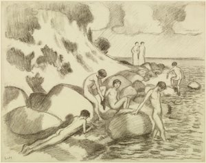 Badande pojkar på stranden, två kvinnor i bakgrunden av Ludwig von Hofmann