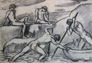 Naken båtman och ungdomar på en grön strand (grafit på papper) av Ludwig von Hofmann